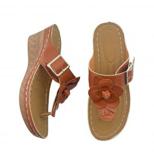 Toe-Post Flip-Flop Wedge Platform Sandals with Flower Buckle (Solid Color)