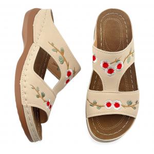 Vintage Embroidered Floral Sandals: Casual Outdoor Wedge-Heel Slip-On Sandals