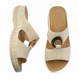 Wedge-Heel Hollow-Out Casual Slip-On Sandals with Stitched Details & Metal Buckles