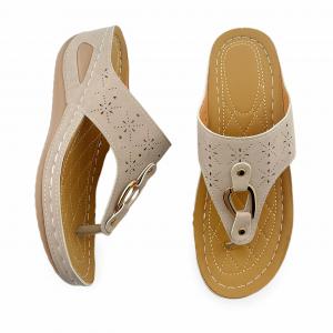 Wedge-Heel Hollow-Out Casual Slip-On Sandals with Stitched Details & Metal Buckles
