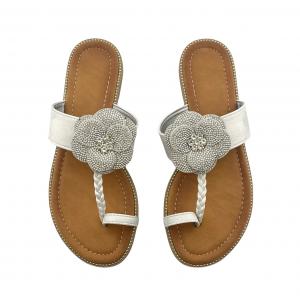 Women's Flat Flip-Flops with Flower and Rhinestone Embellishments